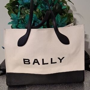 Bally Cream Canvas Tote with Black Leather Trim